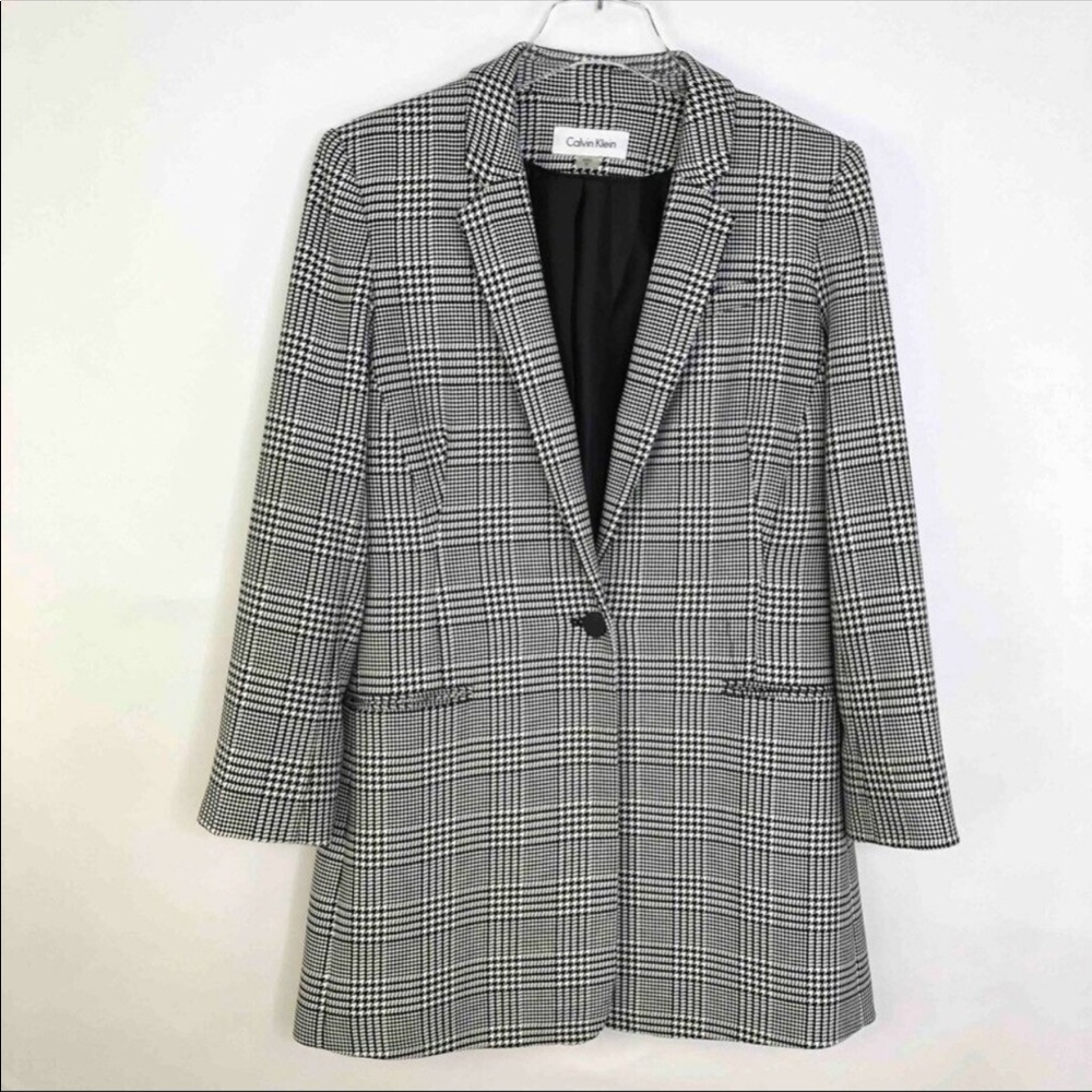 Calvin Klein Black and White Glen Plaid Single-Button Blazer